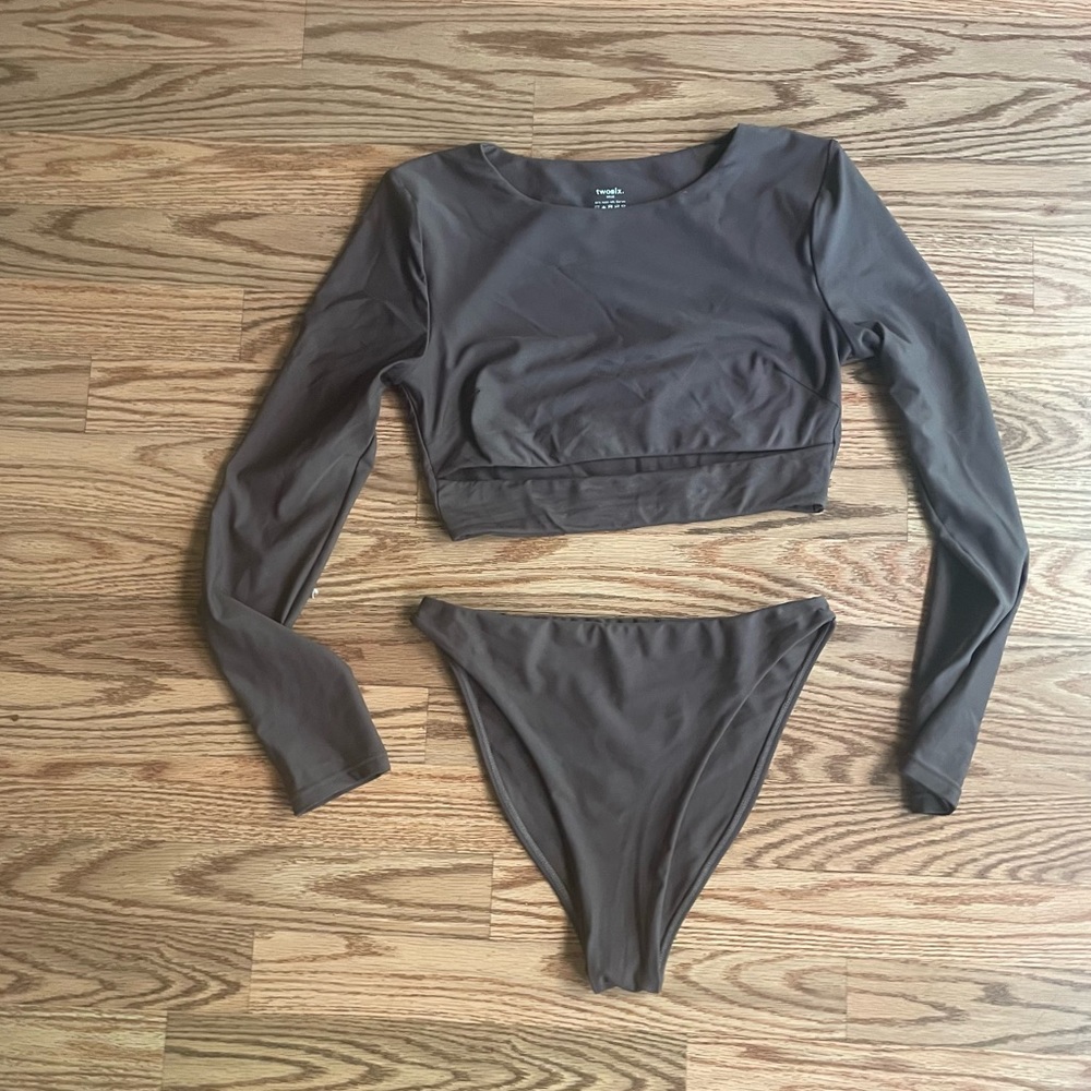 Free People Long Sleeve Crop Bikini Set in Brown